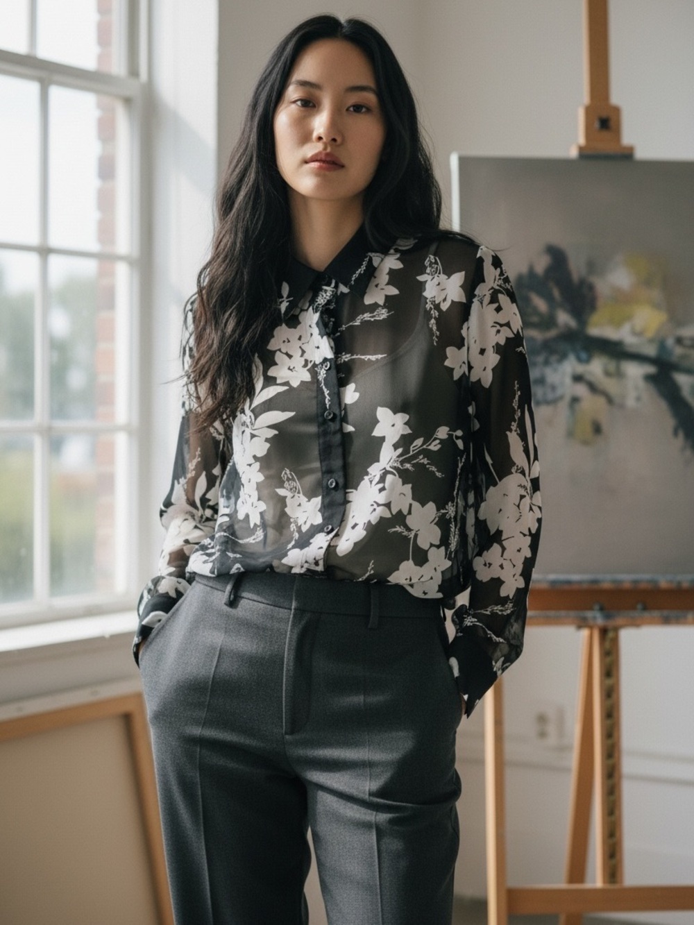 Floral Black/White Sheer Career Blouse